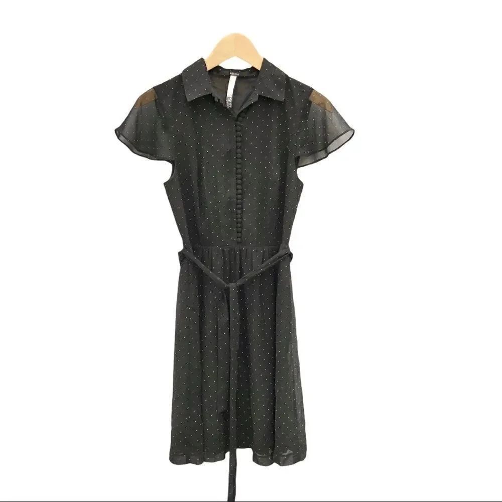 Kensie black polka dot chiffon button down dress